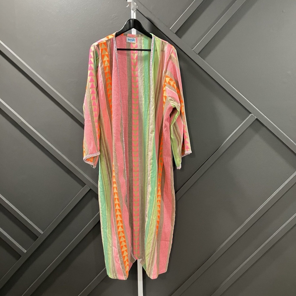 Yemaya Ibiza 100% Cotton Long Kimono Duster Pink Green Geometric Boho Resort